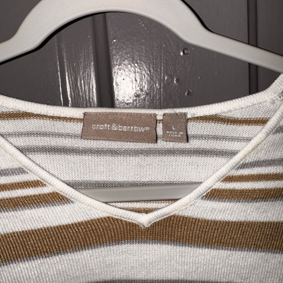 Women Striped V-Neck Sweater - White, Gray, and Brown - Picture 2 of 3